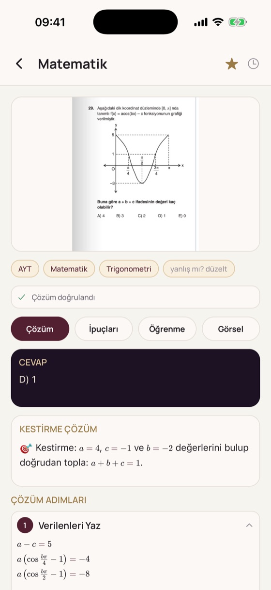 Soru çözüm ekranı: doğru cevap, kestirme çözüm ve adım adım anlatım