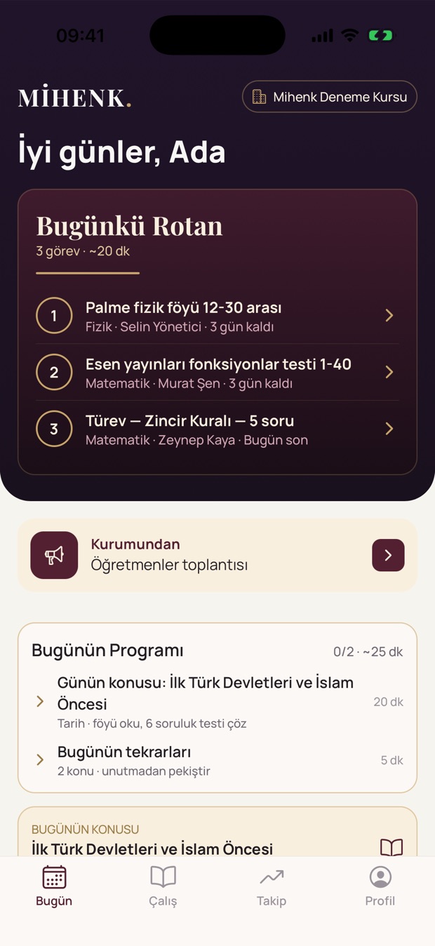 Mihenk mobil uygulaması: öğrencinin günlük rotası ve ödevleri