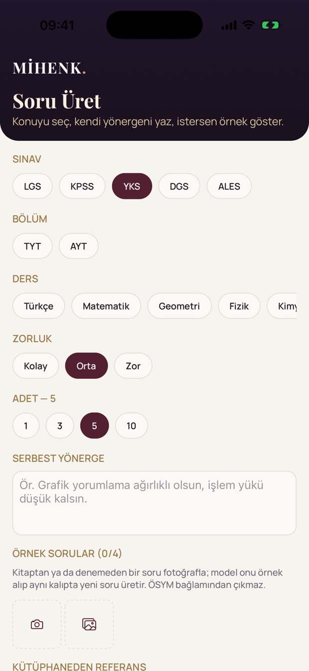Mobil soru üretim ekranı: sınav, ders, konu ve zorluk seçimi